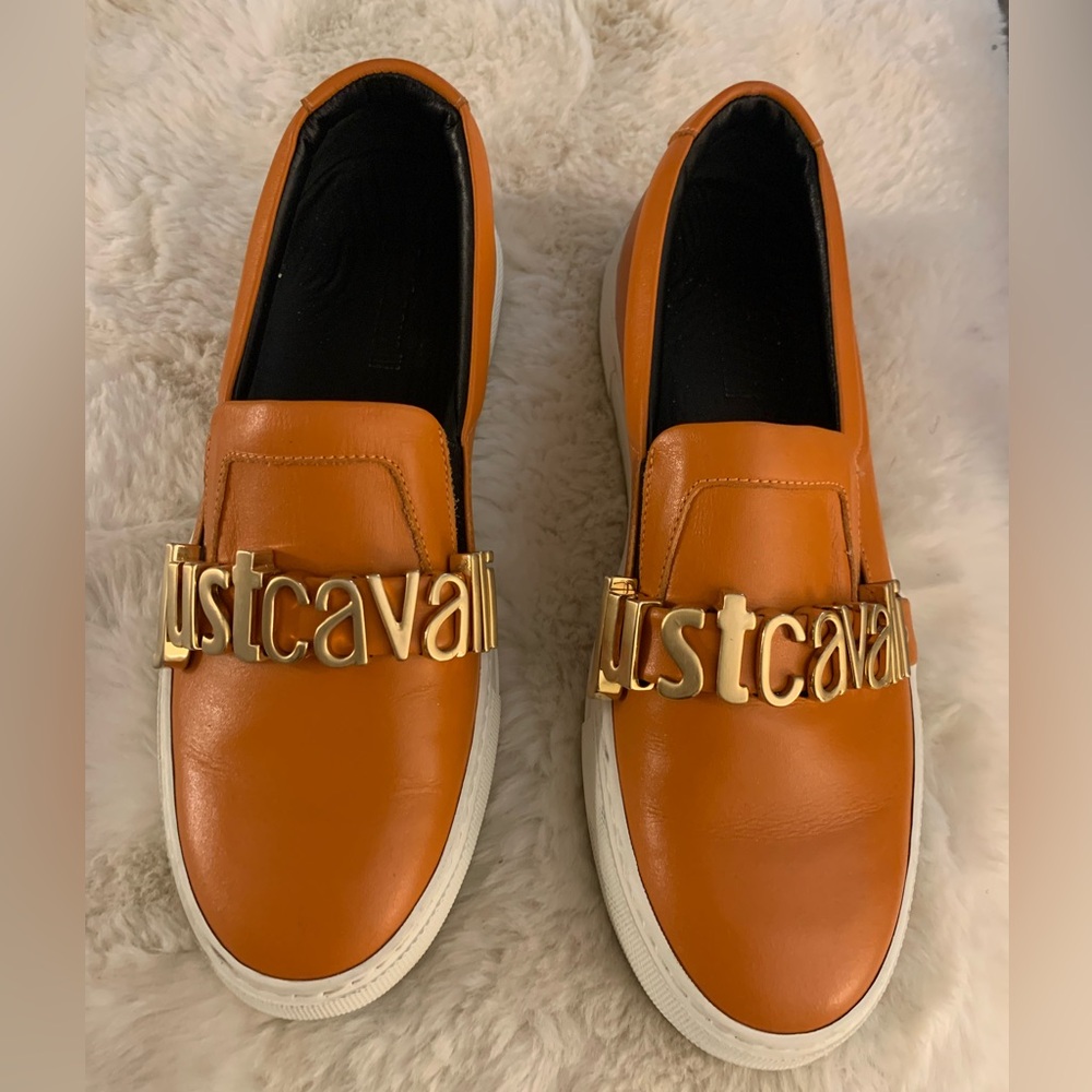 🔥🔥 JUST CAVALLI Orange Leather Slip-on Women Sneakers SZ 39🔥🔥🔥